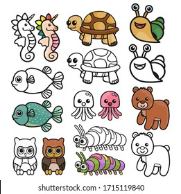 animals set to be colored. Coloring book to educate preschool kids with easy kid educational gaming and primary education of simple game level of difficulty. coloring book