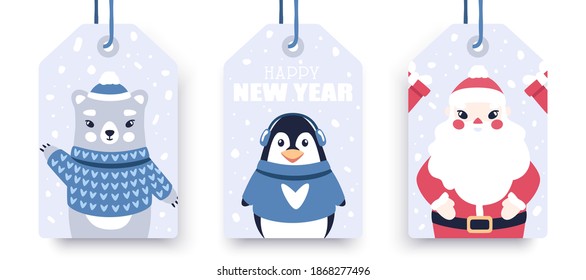 Animals set. Bear, penguin and Santa. New Year, Christmas Holiday. Winter snow background. Greeting cards, banners. Funny cute cartoon characters. Vector illustration. Flat eps10. Hand drawn style.