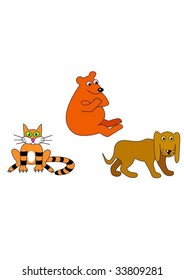 Animals set. Cat, dog and bear.Isolated Vector Illustration.