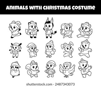 Animals set with christmas costume outline vector illustration