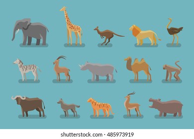 Animals set of colored icons. Vector symbols such as elephant, giraffe, kangaroo, lion, ostrich, zebra, mountain goat, rhino, camel, monkey, ox, wolf, tiger, antelope, hippo