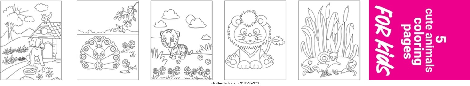 Animals set for coloring book. Outline vector illustration for children, Page for coloring book of funny birdie for kids, colorless picture about cute animals, Cute Cartoon Coloring Page for k