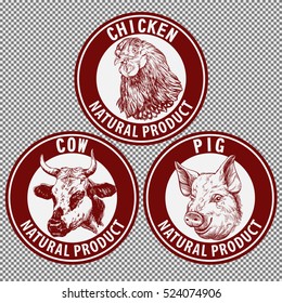 animals set, cow, pig, chicken hand drawn vector illustration sketch.  logo design template. farm icon