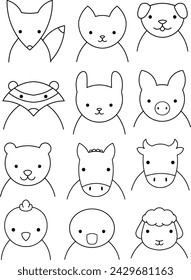 Animals set, set of doodle outline cute animal illustrations. Vector line drawins of animals