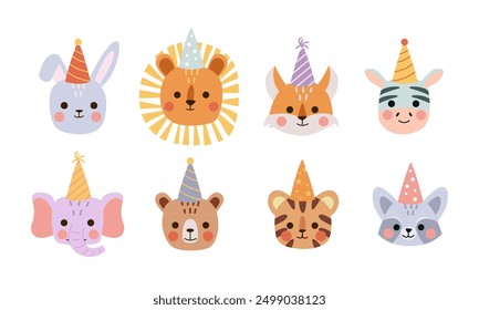 Los animales de los niños ponen caras con sombreros de fiesta. Conejito, León, Oso, Zorro, Cebra, Elefante, Oso, Tigre, Mapache. Ilustración vectorial para el cumpleaños de los niños.