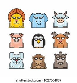 
Animals set, flat design. lion, elephant, cow, pig, penguin, deer, hare, monkey, donkey