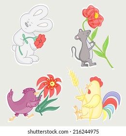 Animals set. Animals with flowers: Rabbit, Mouse, Bird, Rooster