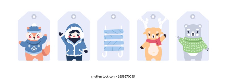Animals set. Fox, bear, deer, boy. New Year, Christmas Holiday. Winter snow  background. Greeting cards, banners. Funny cute cartoon characters. Vector illustration. Flat eps10. Hand drawn style.