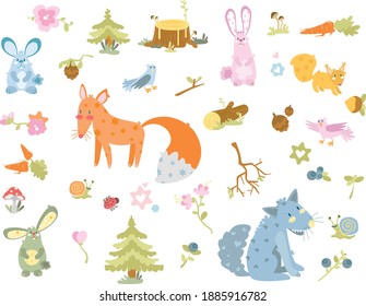 animals set fox, rabbit, wolf, snail, squirrel nature graphic forest