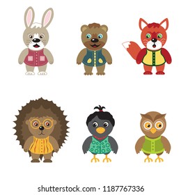 Сollection of animals. Set of funny animals. The set includes: rabbit, bear, fox, hedgehog, crow, owl.