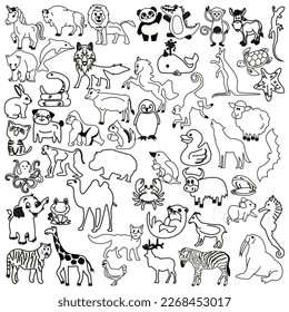 Animals set  of funny and wild Lion Dog Mouse Whale Bat Baboon Kangaroo Goat Gorilla Lizard Elephant Panda Rabbit Chimpanzee Cat Turtle Snake Sheep Hippopotamus  Octopus Monkey Giraffe Fox Frog Bison 