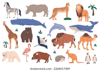 Animals set graphic elements in flat design. Bundle of zebra, rhinoceros, leopard, lion, whale, dolphin, buffalo, stingray, camel, flamingo and other. Vector illustration isolated objects