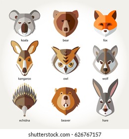 Animals set icon head muzzles koala bear fox kangaroo owl wolf echidna beaver rabbit hare