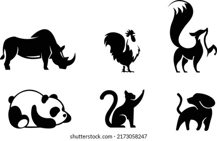 Animals set icon vector, modern solid symbol collection. Logo illustration. Set includes icons as rhino, rooster chicken, fox, panda, cat, and dog.