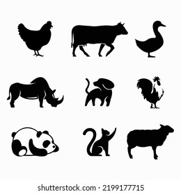 Animals set icon vector, modern solid symbol collection. Logo vector illustration. Set includes icons as chicken, cow, duck, rhino, dog, rooster chicken, panda, cat, and sheep.