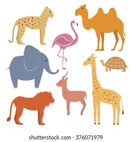 Animals set including giraffe, turtle, elephant, lion, leopard, flamingo, gazelle, camel. Vector illustration flat design.