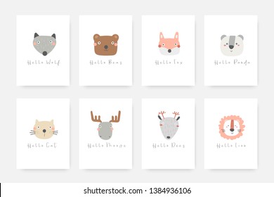 Animals set including wolf, bear, fox, panda, cat, moose, deer, lion. Cute hand drawn doodle cards, postcard, posters with animals for kids, lettering quote hello