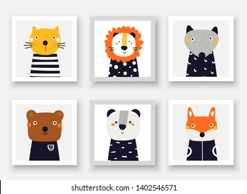 Animals set including wolf, bear, fox, panda, cat, lion. Cute hand drawn doodle cards, postcard, posters with animals for kids lettering quote hello