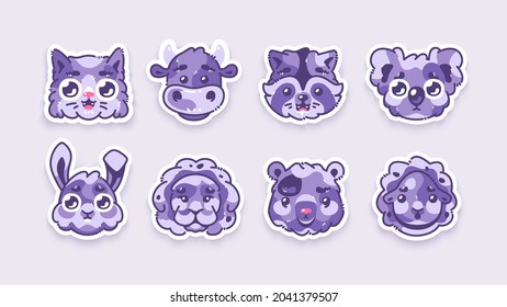 Animals set isolated. Funny cartoon characters for kids. Emoji stickers. Cat, cow, raccoon, koala, hare, lion, bear, sheep. Simple modern design with shadows. Vector illustration. Flat eps10.