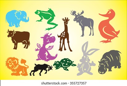 Animals set. Lion, turtle, rabbit, deer, giraffe, duck, hippo, goat, dinosaur, cow. Series vector icons