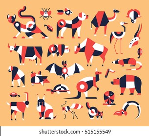 Animals - set of modern vector flat design icons and pictograms. Cat, dog, pig, cow, bear, bat, insect, fish, bird rodent kangaroo goat rat turtle