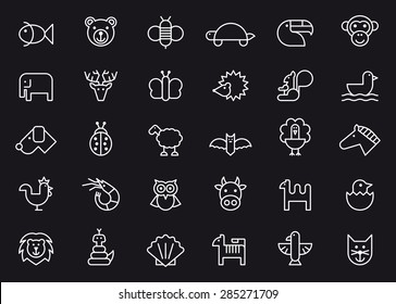 ANIMALS set, outlined icons in a black background