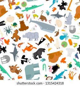 Animals set pattern seamless. Beast collection background. cute cartoon animal texture. jungle and forest Wild nature. Fauna of Different Continents