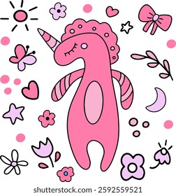 Children’s animals set with a pink unicorn in cute hand drawn doodle technique