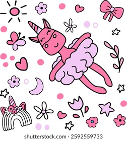 Children’s animals set with a pink unicorn in hand drawn doodle technique with children elements