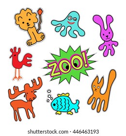 Animals set of quirky cartoon patch badges. Octopus, leon,  rabbit , elk, cat, fish, chicken on white background. Vector illustration.
