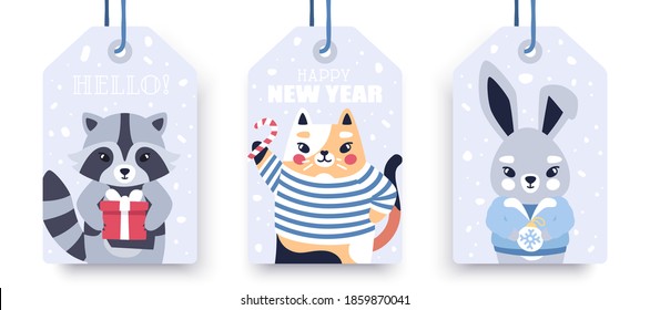 Animals set. Raccoon, cat and hare. New Year, Christmas Holiday. Winter snow background. Greeting cards, banners. Funny cute cartoon characters. Vector illustration. Flat eps10. Hand drawn style.