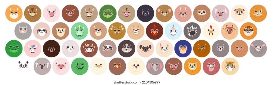 Animals Set Round avatar Cute portraits cartoon illustration flat vector raccoon, bear, sloth, panda, giraffe, fox, bunny, tiger, bear, tiger, dog, cat, frog, cow isolated for UI, app, mobile, kids