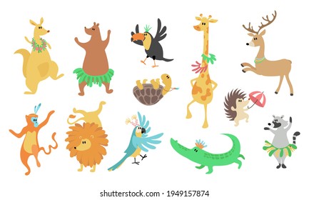 Conjunto de animales, verano, danza, ilustración plana vectorial