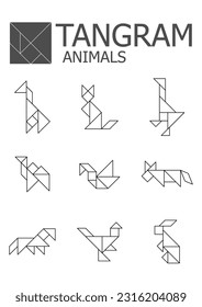 Animals Set tangram Linear illustration on a white background. isolated icons. Tangram children brain game cutting transformation puzzle vector set.