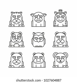 
Animals set, thin line style, flat design. tiger, rhinoceros, zebra, panda, owl, bear, white Bear, hippopotamus, mouse.