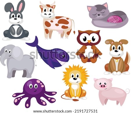 Animals. Set of vector illustration of cute animals. Animals on the white bachground. Bunny, whale, owl, cow, pig, octopus, lion, elephant, dog, cat.