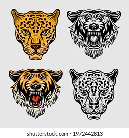 Animals set vector objects in two styles colored   black   white  Jaguar head   tiger head cartoon characters