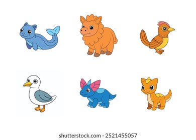 Animals set Wolf Eel, Woolly Rhinoceros, Wryneck, Sabine's Gull, Terus, Xenoceratops Vector Illustration Cartoon, Clipart, Line Art Design