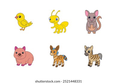 Tiere Set Gelber Tanager, Gelbe verrückte Ameise, Woodrat, Wombat, Zonkey, Gorse Vektorgrafik Cartoon, Clipart und Line Art Design