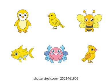 Animals Set Yellow-Eyed Penguin, Yellowhammer, Yellow-Faced Bee, Yellowfin Tuna, Yeti Crab, Yellowthroat Vector Illustration