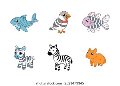 Conjunto de animais Zebra-Shark, Zebra-Finch, Zebra-Pleco, Zebra Vetor Illustration - Clipart de desenhos animados e Line Art Design