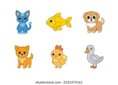 Animais Conjunto Zokor, Zuchon, Yorkipoos, Frango Yokohama, Ilustração Vetorial Snapper Yellowtail, Desenho Animado, Clipart e Design de Arte em Linha