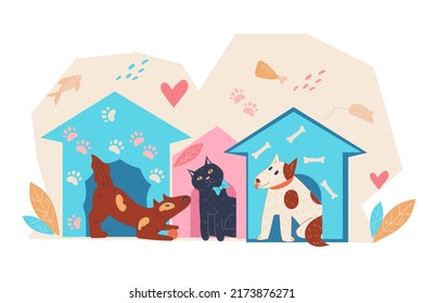 Pancarta de protección para animales o plantilla de afiches con perros y gatos. Adopción de mascotas y donación de dinero para refugio de animales, ilustración plana vectorial aislada en fondo blanco.