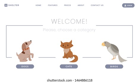 Animals shelter vector landing page template. Lost pets, homeless dogs and cats adoption center. Abandoned kitties, puppies, exotic birds, parrots stories, description website page design color layout