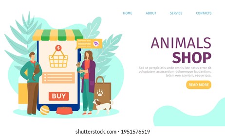 Animals shop, food for mammal nutrition, vector illustration. Man woman people mae purchase at phone app service for pet owner. Vet medicine