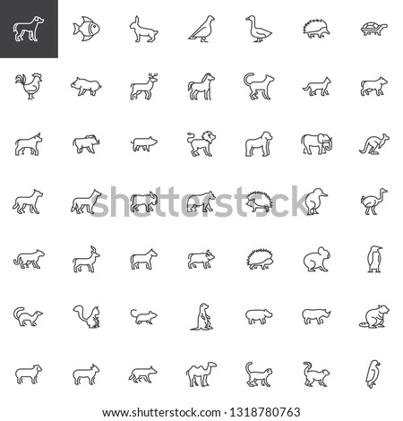 Animals side view line icons set. linear style symbols collection, outline signs pack. vector graphics. Set includes icons as animal, fox, zoo, wild, bear, elephant, lion, tiger, bird, forest, monkey