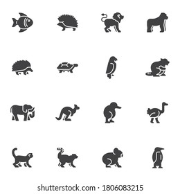 Animals side view vector icons set, modern solid symbol collection, filled style pictogram pack. Signs, logo illustration. Set includes icons as lion, monkey, elephant, koala, fish, hedgehog, bird