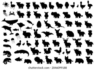 Animals silhouette big set. Vector elephant bat monkey lion tiger giraffe hippo rhinoceros bear whale penguin ostrich boar crocodile chicken dog crab dolphin fish jellyfish hare duck octopus cat