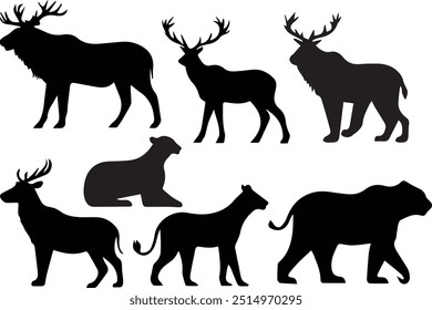 Animals silhouette collection.Deers ,tiger, and bear collection.Vector illustration