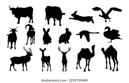 animals silhouette isolated on white background, camel, deer, rabbit, swan, goat, and cow, vector illustrations